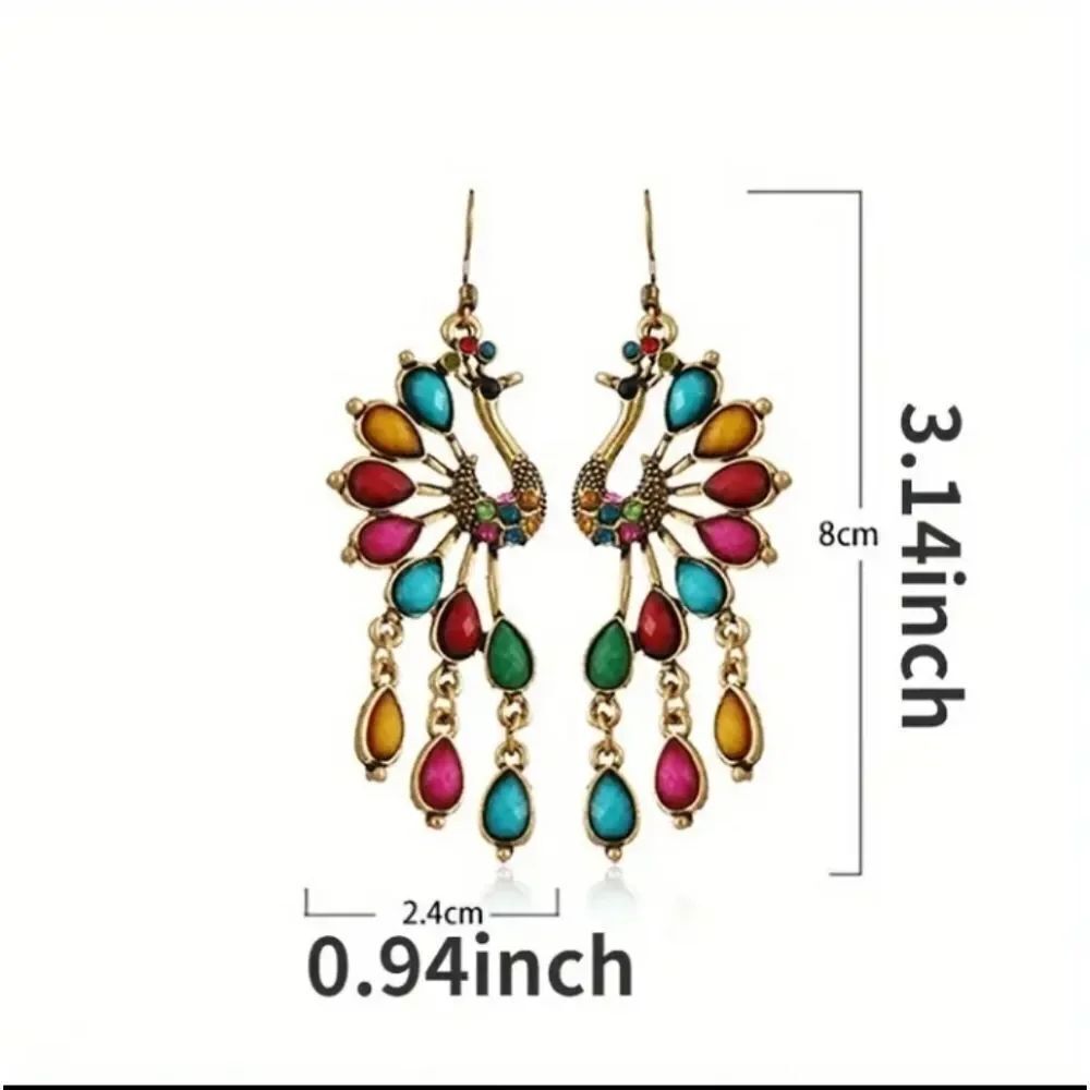 Gold & Blue Peacock Statement Dangle Earrings - Picture 2 of 2